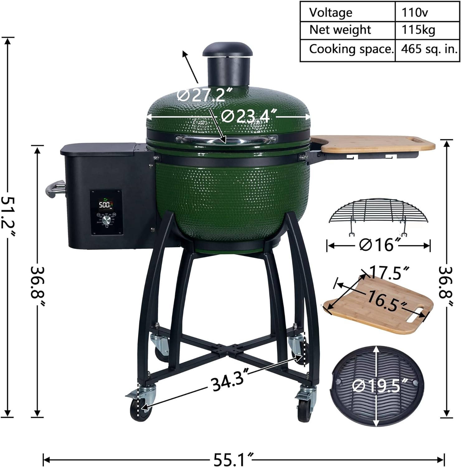 24 Ceramic Pellet Grill Charcoal Grill Cooker with 19.6 diameter Gridiron Double Ceramic Liner 4-in-1 Smoked Roasted BBQ Pan-roasted for Outdoors Patio Cooking Camping (Green)