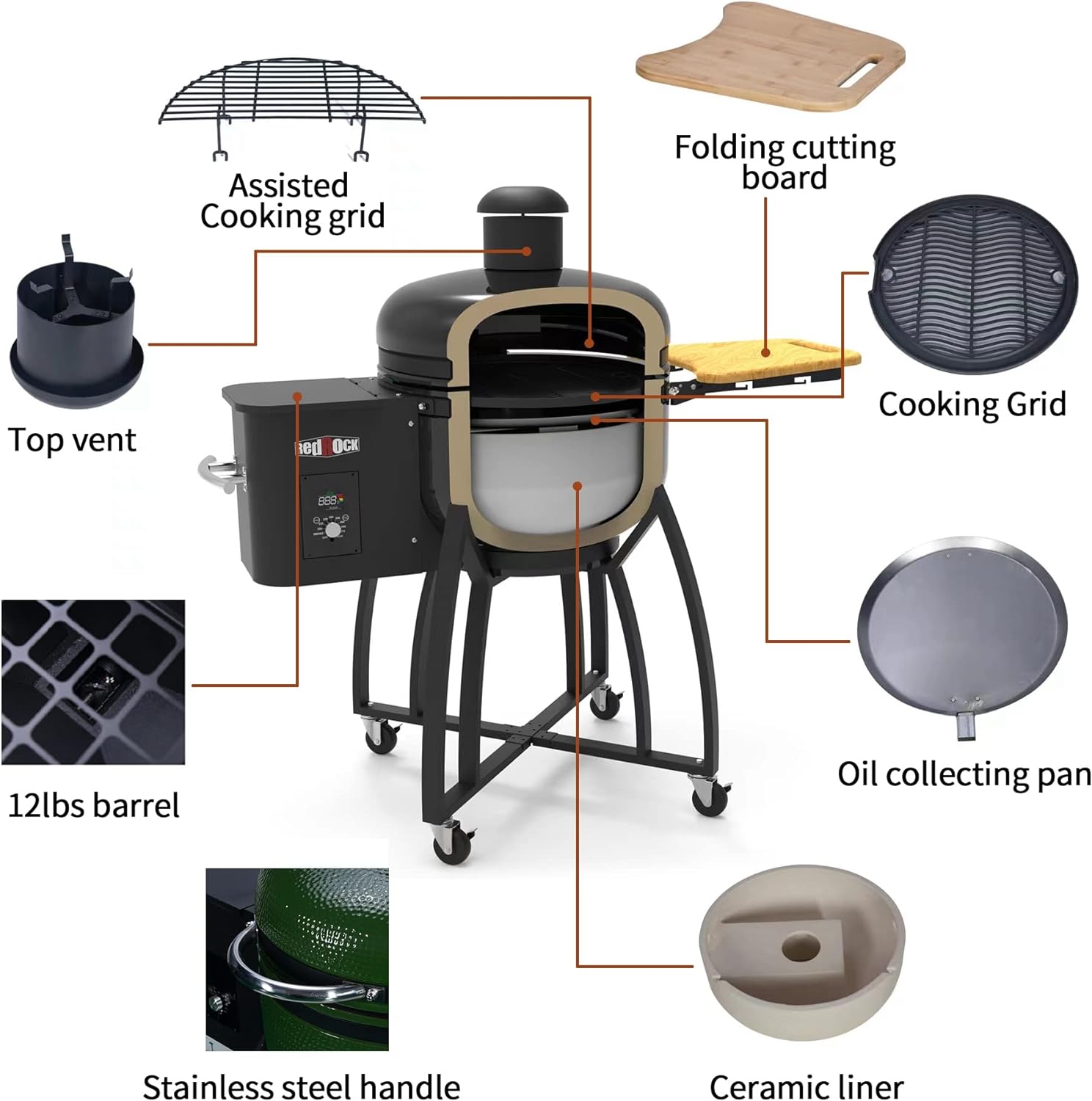 24 Ceramic Pellet Grill with 19.6 diameter Gridiron Double Ceramic Liner 4-in-1 Smoked Roasted BBQ Pan-roasted for Outdoors Patio