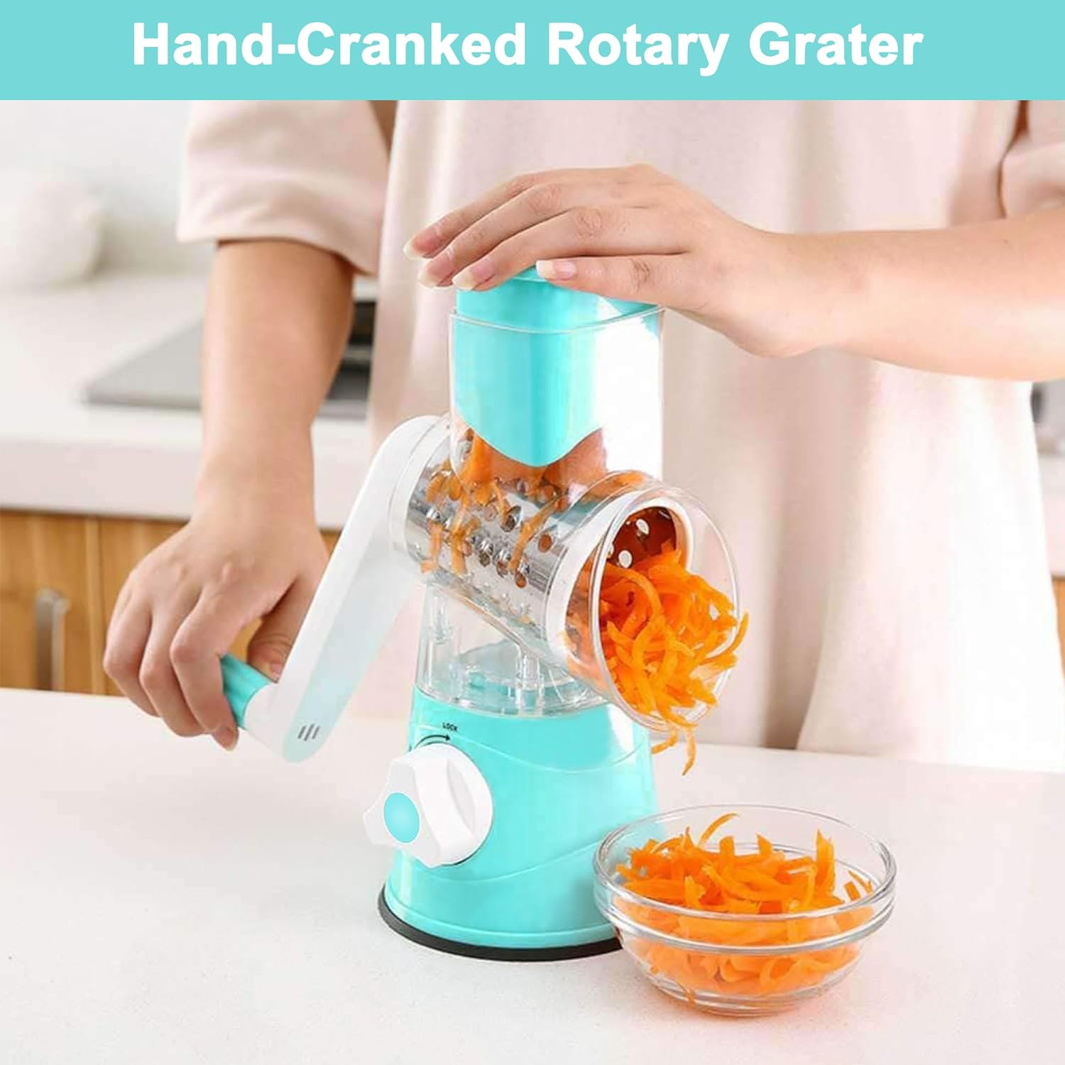 3rd Generation Rotary Cheese Grater, Mandoline Vegetable Slicer with 3 Replacement Blades, Easy to Clean Rotary Shredder for Fruit, Vegetables