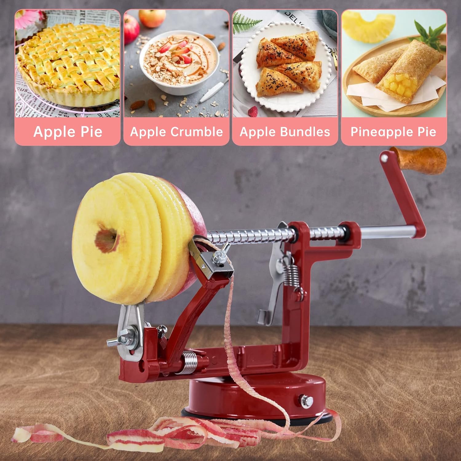 Apple Peeler, Stainless Steel Apple Corer Slicer Peeler, Durable Heavy Duty Die Cast Magnesium Alloy Apple Peeler Slicer Corer(Deepred)