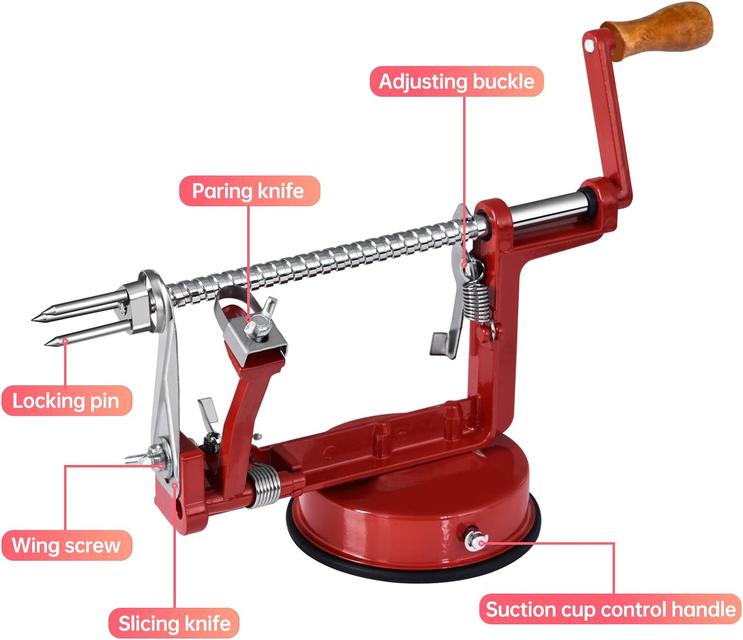 Apple Peeler, Stainless Steel Apple Corer Slicer Peeler, Durable Heavy Duty Die Cast Magnesium Alloy Apple Peeler Slicer Corer(Deepred)