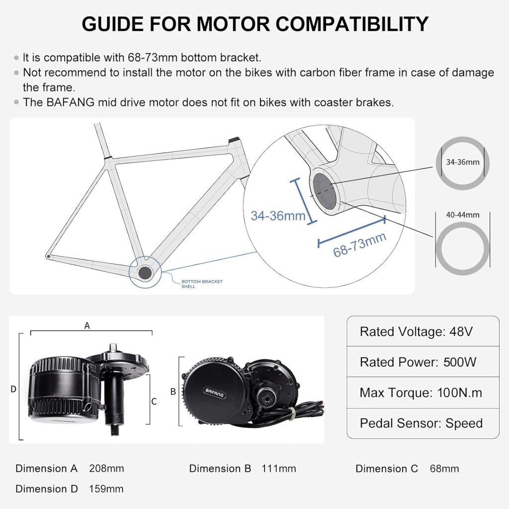 BAFANG 48V 500W Mid Drive Kit : BBS02 Motor with Battery (Optional), 8Fun Electric Bike Mid Mount Motor with Display  Chainring, DIY eBike Conversion Kit for Mountain Road Commuter Bicycle