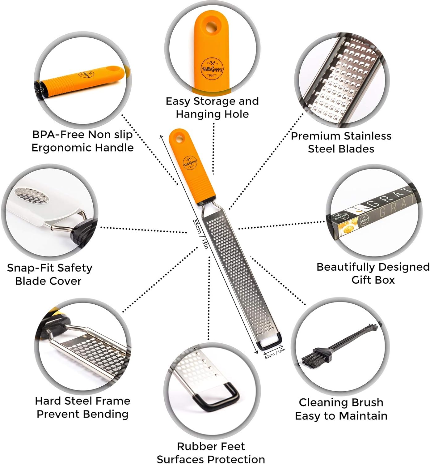 BelleGuppy Lemon Zester  Cheese Grater, Professional Zesting tool for Parmesan, Citrus, Ginger, Nutmeg, Garlic, Chocolate, Fruits, Razor-Sharp Stainless Steel Blade Protective cover, Dishwasher Save