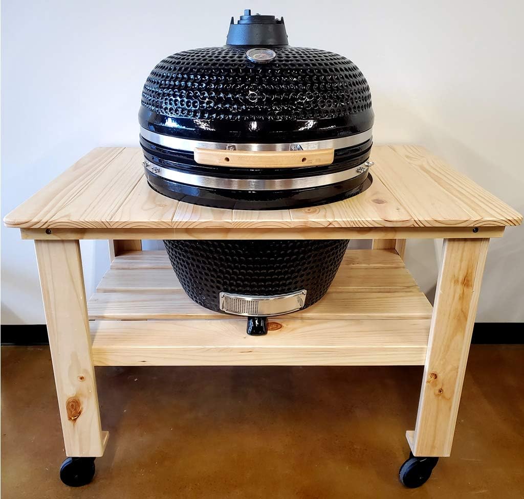 black outdoor charcoal 26 ceramic egg kamado bbq grill smoker with wood table pizza stone and canvas cover