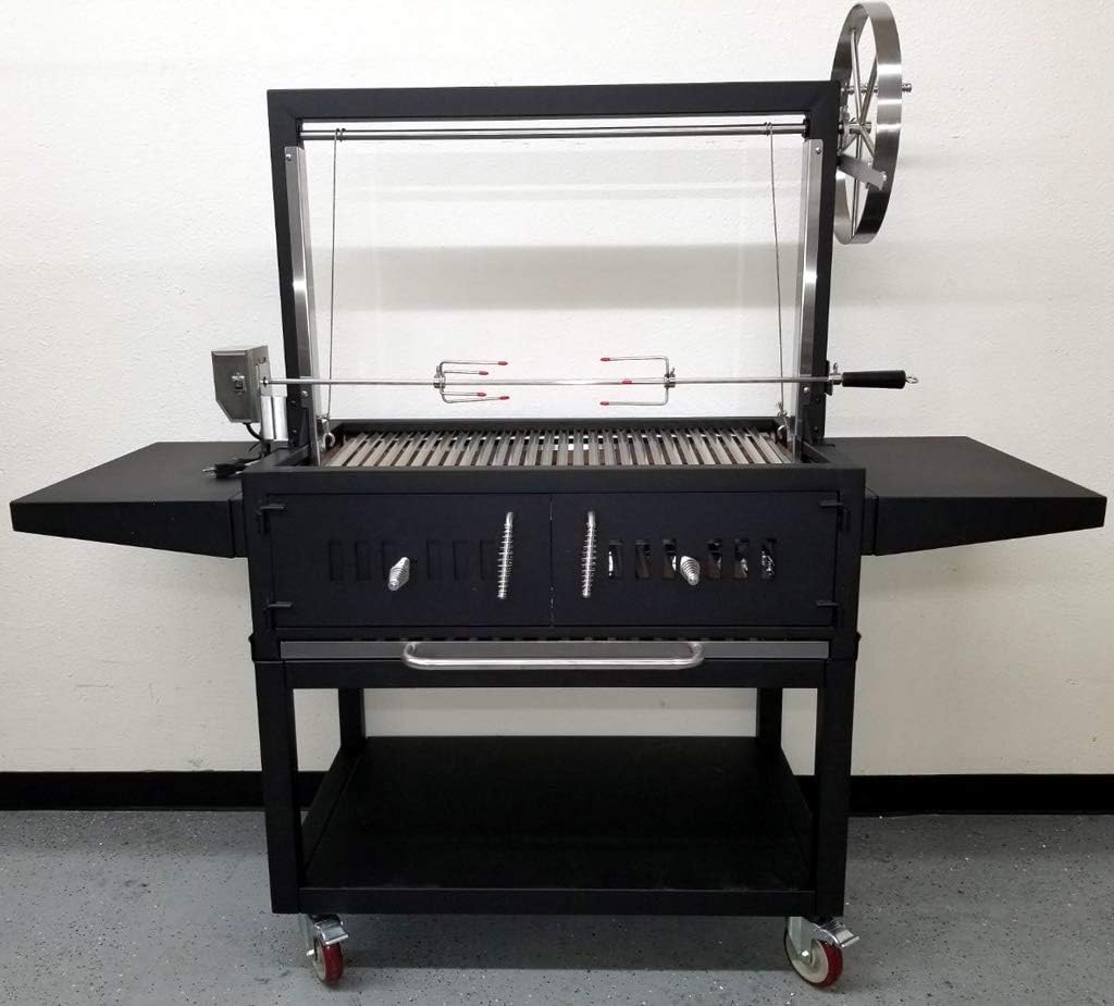 Black Outdoor Charcoal BBQ Parrilla Santa Maria/Argentine Rotisserie Grill Spit, with Stainless Steel #304 Grates, Wheels, Handle