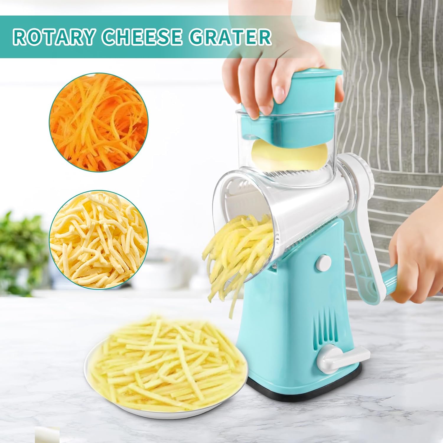 Cheese Grater 5-in-1Rotary Cheese Grater,Versatile Manual Cheese Grater With Handle - cheese shredder,Efficient Slicer and Nut Grinder with Easy Cleaning(blue) (Blue)