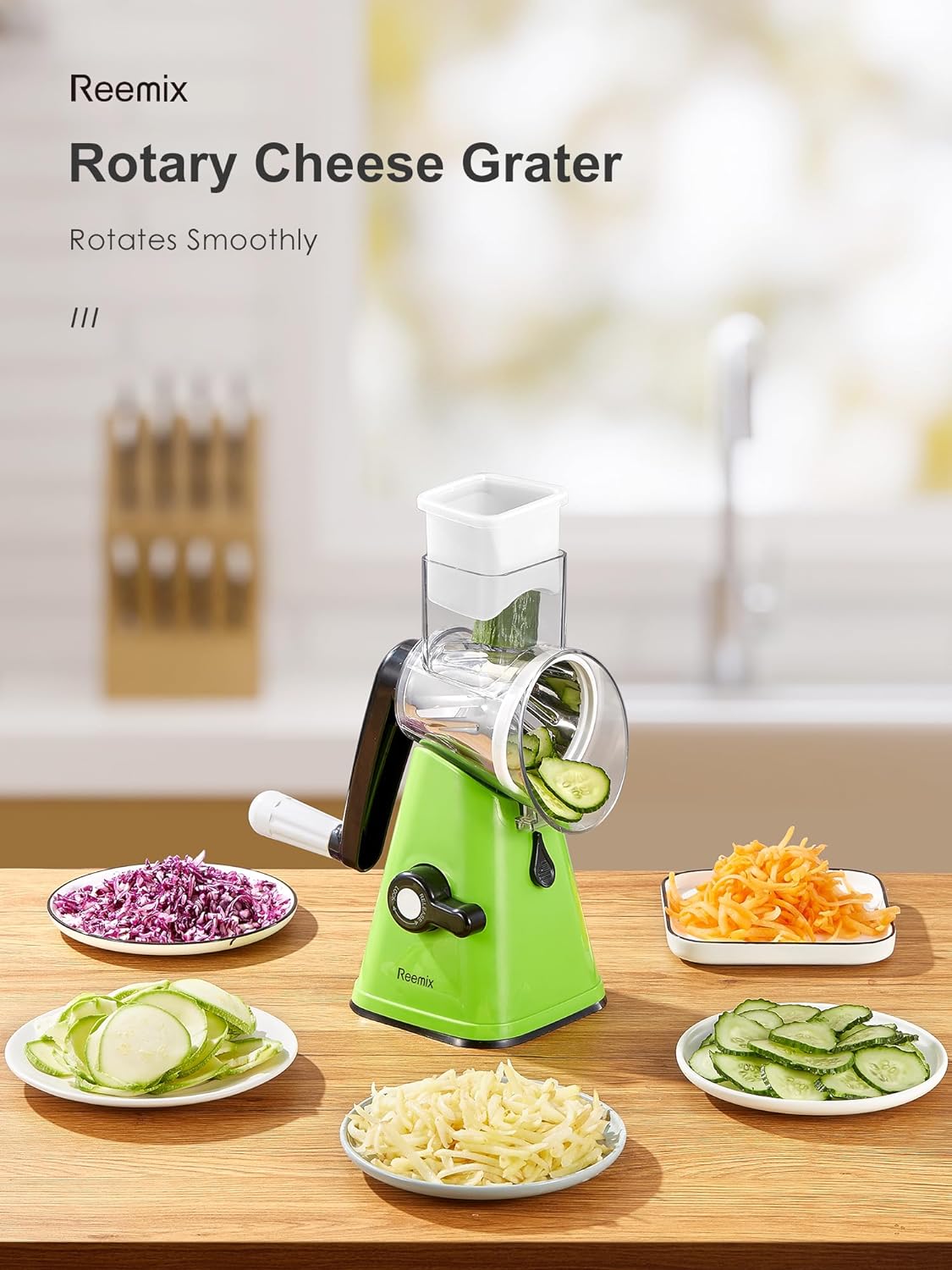 Cheese Grater, Reemix rotary cheese grater with handle, Kitchen Mandoline Vegetable Slicer with 3 Replaceable Stainless Steel Blades, for Nuts, Vegetable, Chocolate, Chesse (Green)