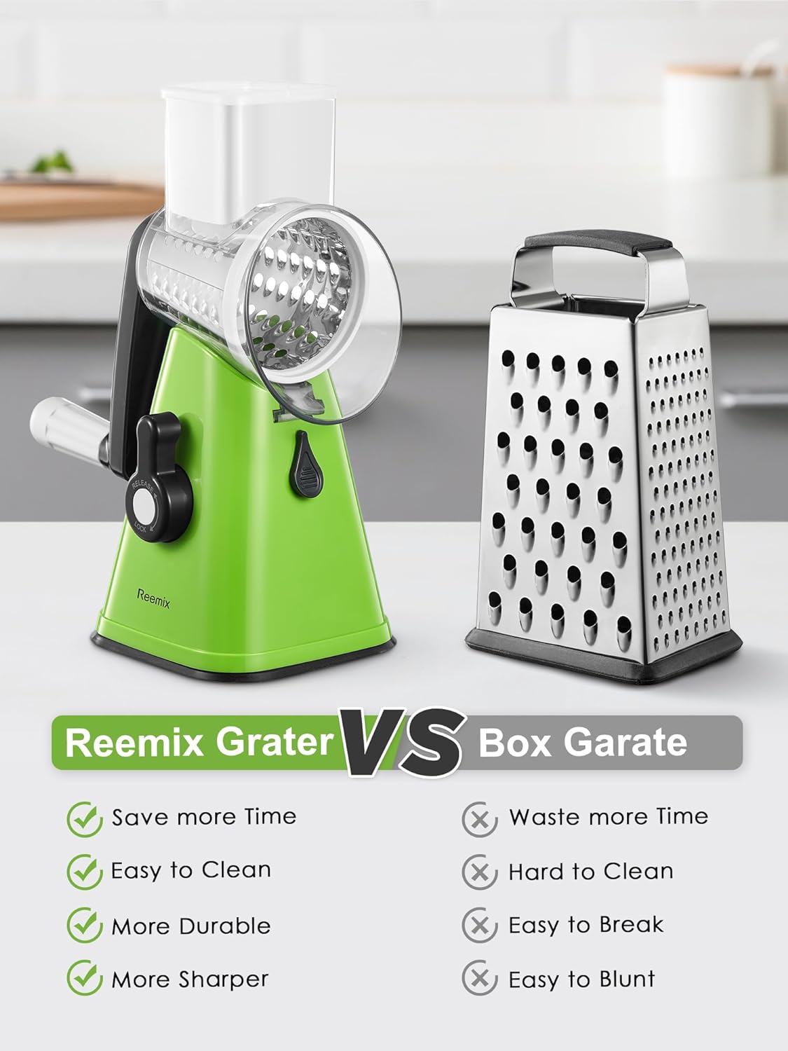 Cheese Grater, Reemix rotary cheese grater with handle, Kitchen Mandoline Vegetable Slicer with 3 Replaceable Stainless Steel Blades, for Nuts, Vegetable, Chocolate, Chesse (Green)