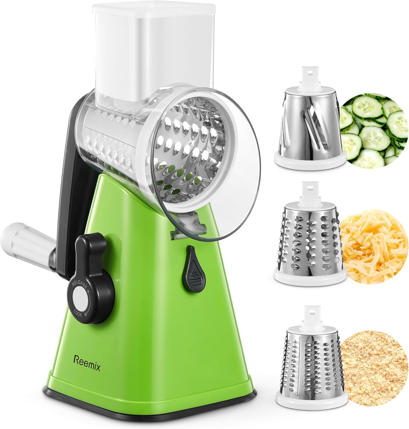 Cheese Grater, Reemix rotary cheese grater with handle, Kitchen Mandoline Vegetable Slicer with 3 Replaceable Stainless Steel Blades, for Nuts, Vegetable, Chocolate, Chesse (Green)