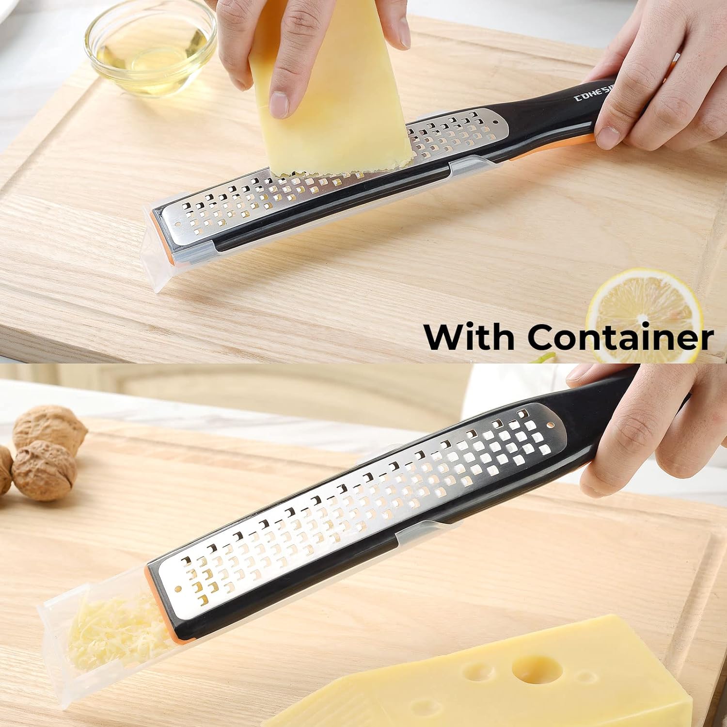 Cohesion Etched Zester  Grater Set of 2 - Kitchen Zester Tool for Lemon, Cheese, Garlic, Ginger, Nutmeg, Chocolate, Fruits, Vegetables - Sharp Premium Stainless Steel Blade with Protective Cover