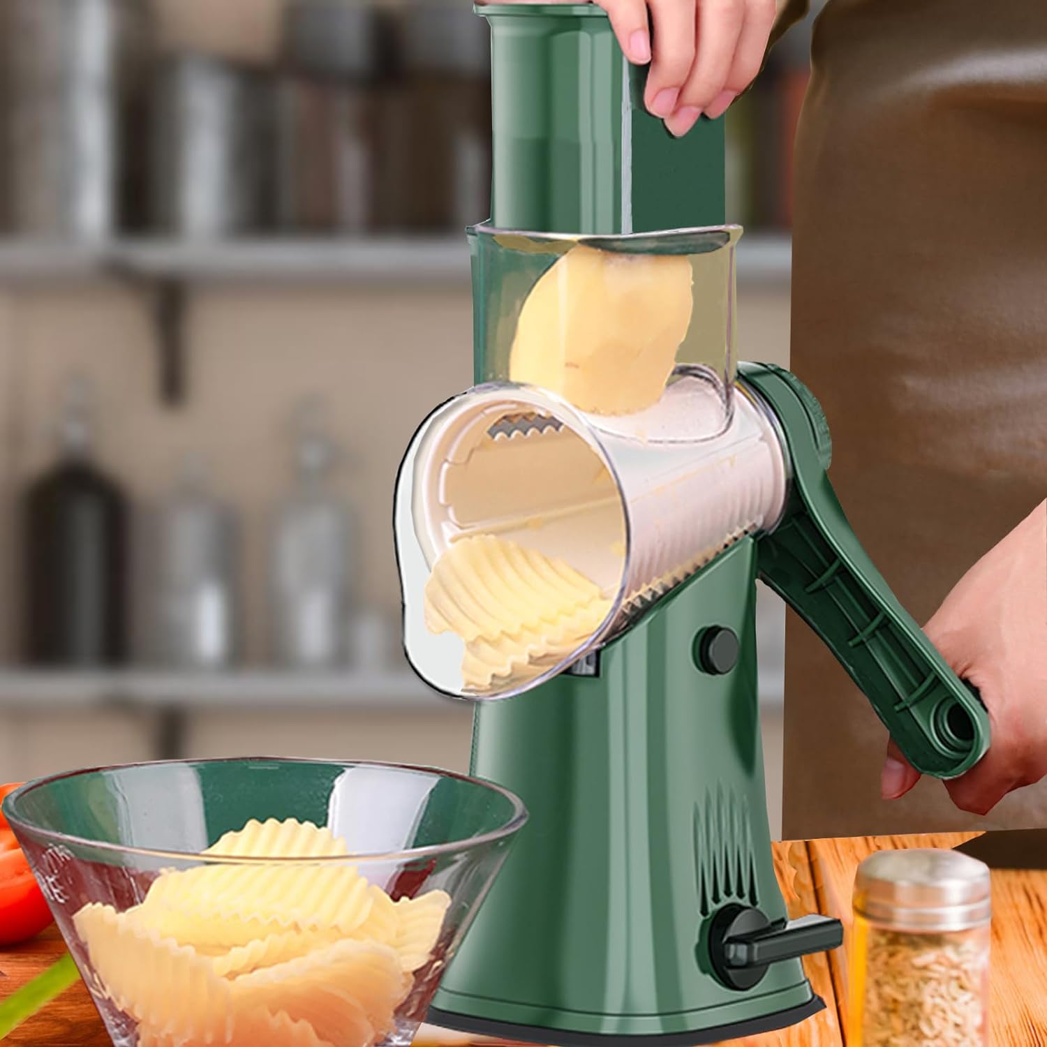 Dachenus 5 in1 Rotary Cheese Grater,Versatile Cheese Shredder,Blades for Shredding, Grating, Slicing,Cheese Shredder with Suction Base and Cleaning Brush Kitchen Gift (green)