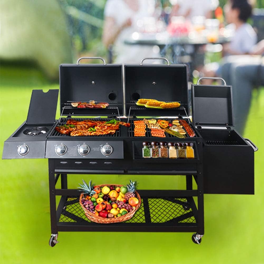 Dual Fuel Combination Charcoal/Gas Grill, Stainless Steel 12,000 BTU Patio Garden Barbecue Grill Outdoor Picnic Patio Cooking Backyard Party