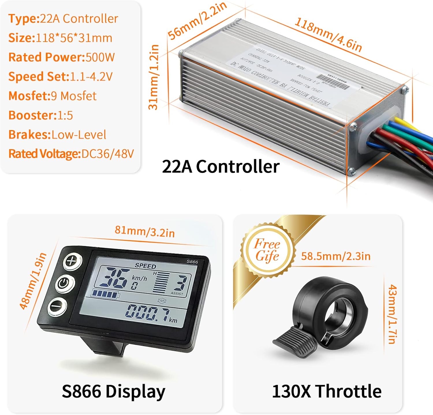 Electric Bike HUB Motor Controller, 22A 36V/48V 500W Brushless Motor Controller and LCD S866 Display with 130X Thumb Throttle Ebike Conversion Kit