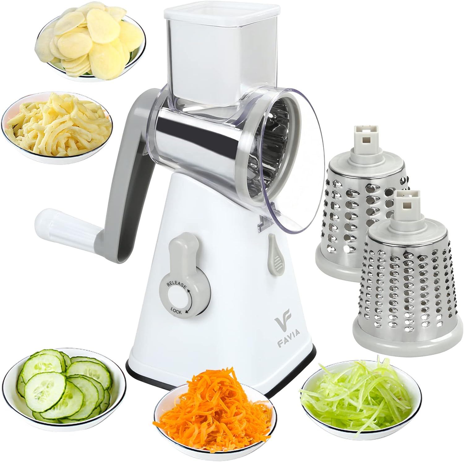 favia rotary cheese grater with handle vegetable shredder with 3 stainless steel drum blades round mandoline slicer nuts 1