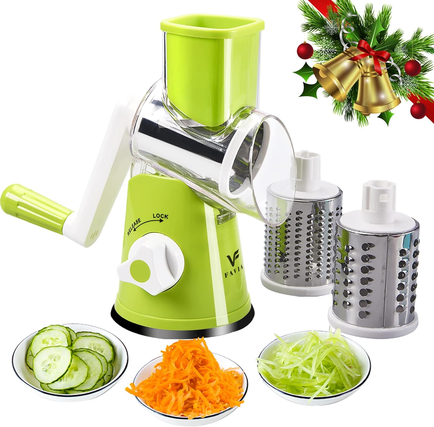 FAVIA Rotary Cheese Grater with Handle - Vegetable Shredder with 3 Stainless Steel Drum Blades, Round Mandoline Slicer Nuts Grinder, BPA Free Dishwasher Safe (Black)