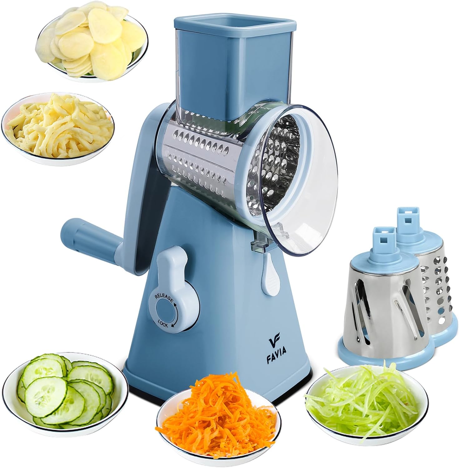 FAVIA Rotary Cheese Grater with Handle - Vegetable Shredder with 3 Stainless Steel Drum Blades, Round Mandoline Slicer Nuts Grinder, BPA Free Dishwasher Safe (Black)