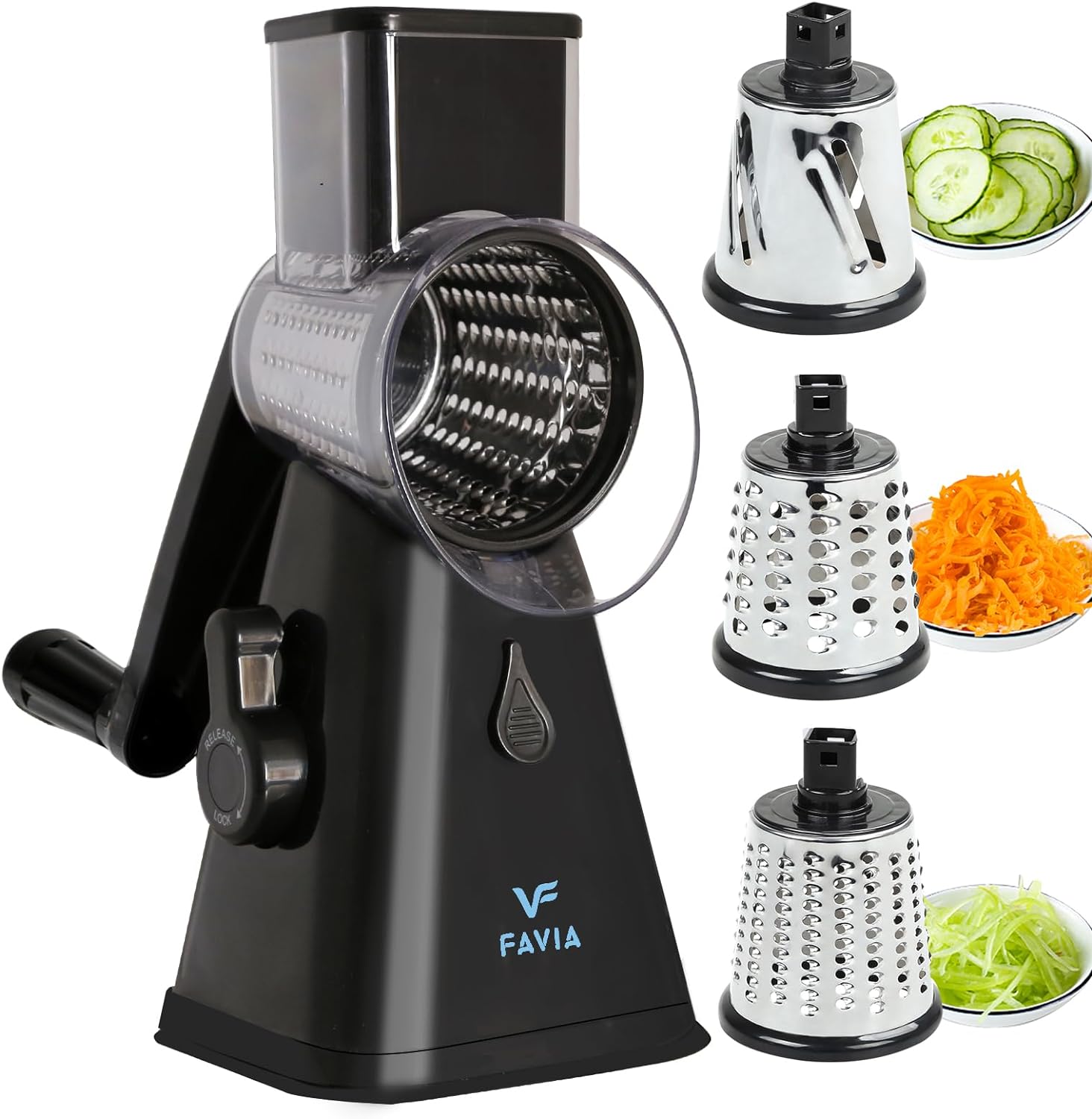 FAVIA Rotary Cheese Grater with Handle - Vegetable Shredder with 3 Stainless Steel Drum Blades, Round Mandoline Slicer Nuts Grinder, BPA Free Dishwasher Safe (Black)