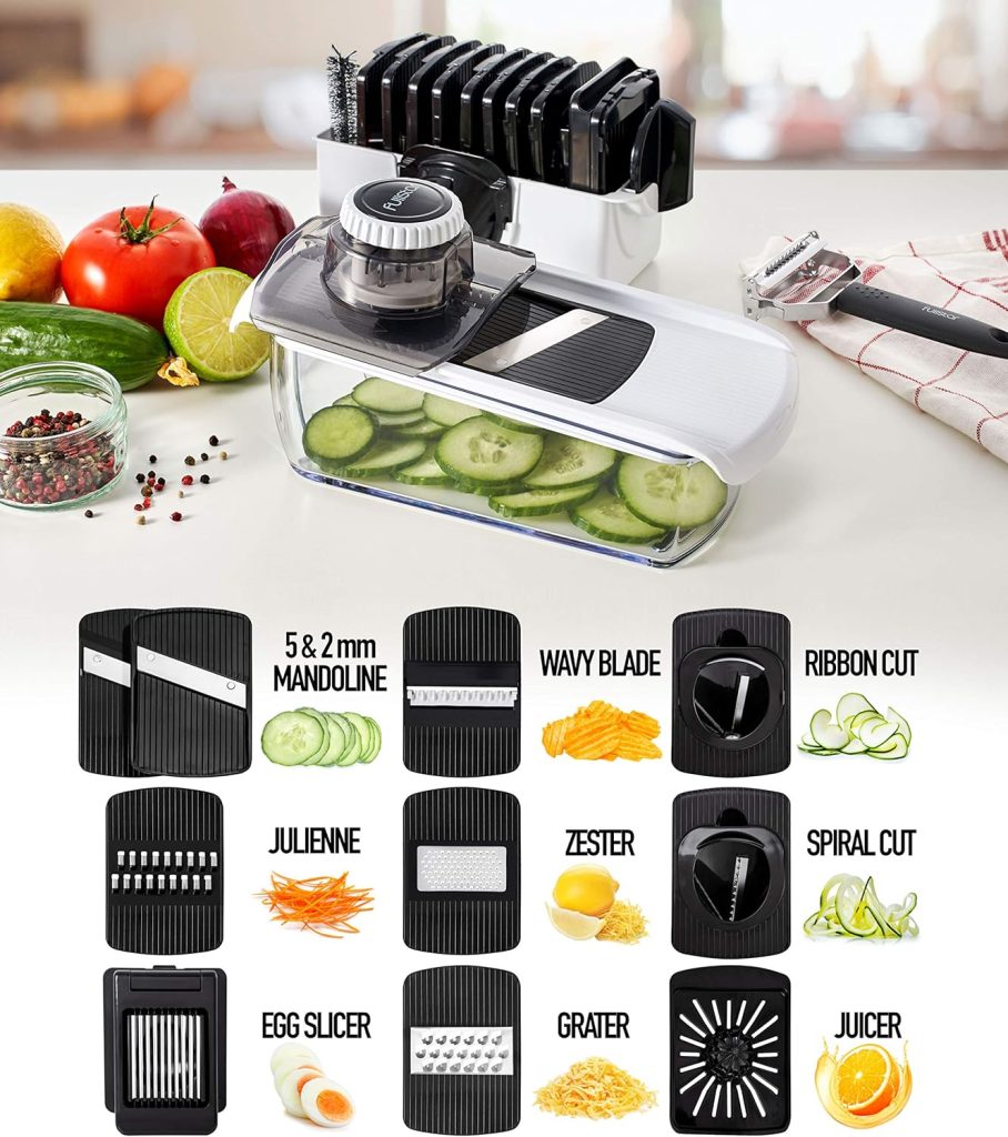 Fullstar Mandoline Slicer for Kitchen, Cheese Grater Vegetable Spiralizer and Veggie Slicer for Cooking  Meal Prep, Kitchen Gadgets Organizer  Safety Glove Included (11 in 1, White)