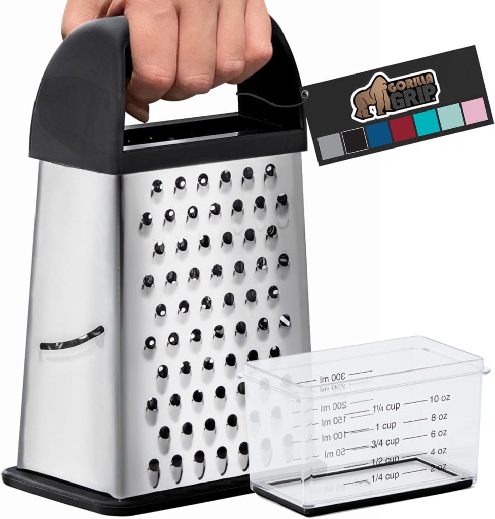 Gorilla Grip 100% BPA Free 4-Sided Stainless Steel Cheese Grater, XL Box Graters for Parmesan, Vegetables, Ginger, Shred Slice and Zest, Soft Grip Handle, Dishwasher Safe, Includes Container, Black