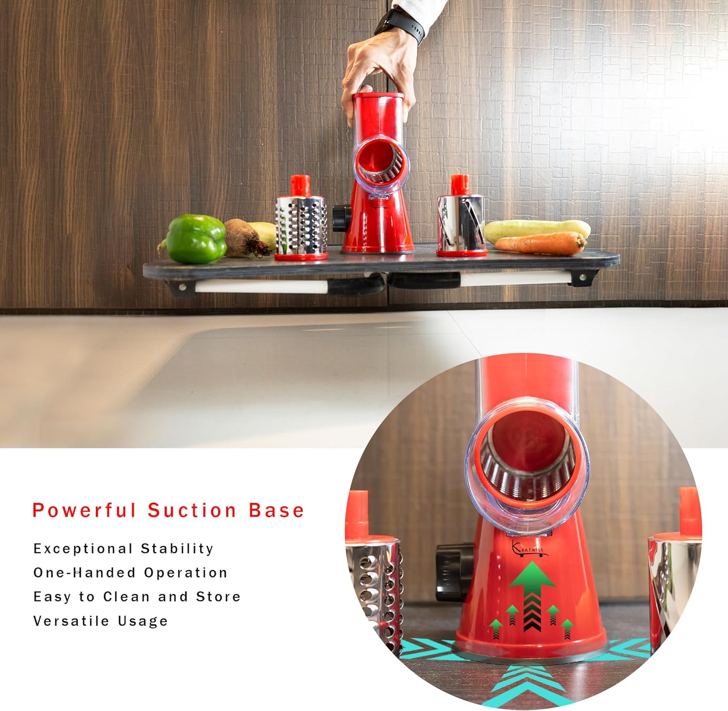 KARTWILL Rotary Cheese Grater with Handle - 3-in-1 Cheese Shredder - Stainless Steel Rotary Grater - Mandoline Vegetable Slicer - with Brush and Peeler - Red