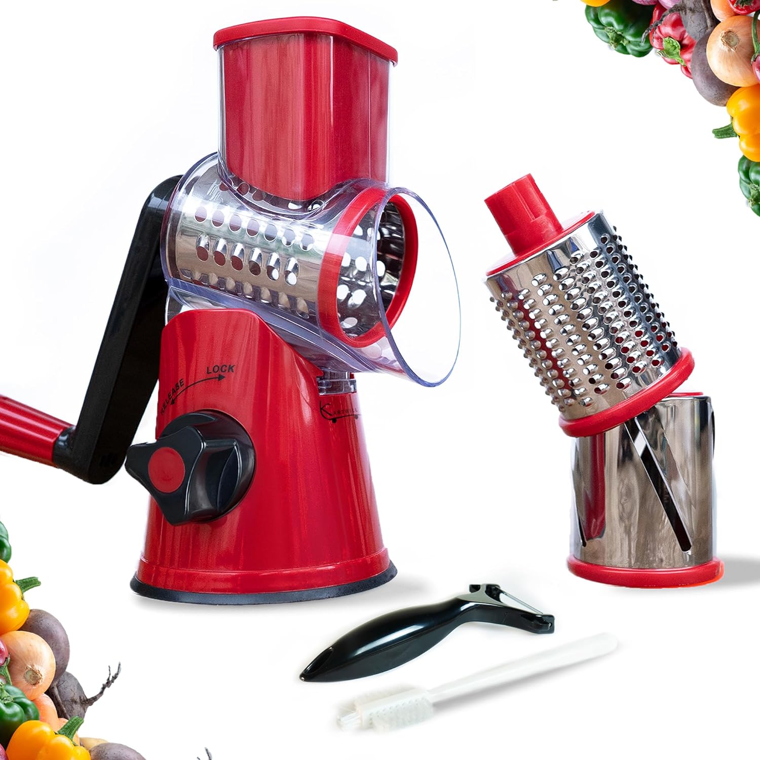 KARTWILL Rotary Cheese Grater with Handle - 3-in-1 Cheese Shredder - Stainless Steel Rotary Grater - Mandoline Vegetable Slicer - with Brush and Peeler - Red