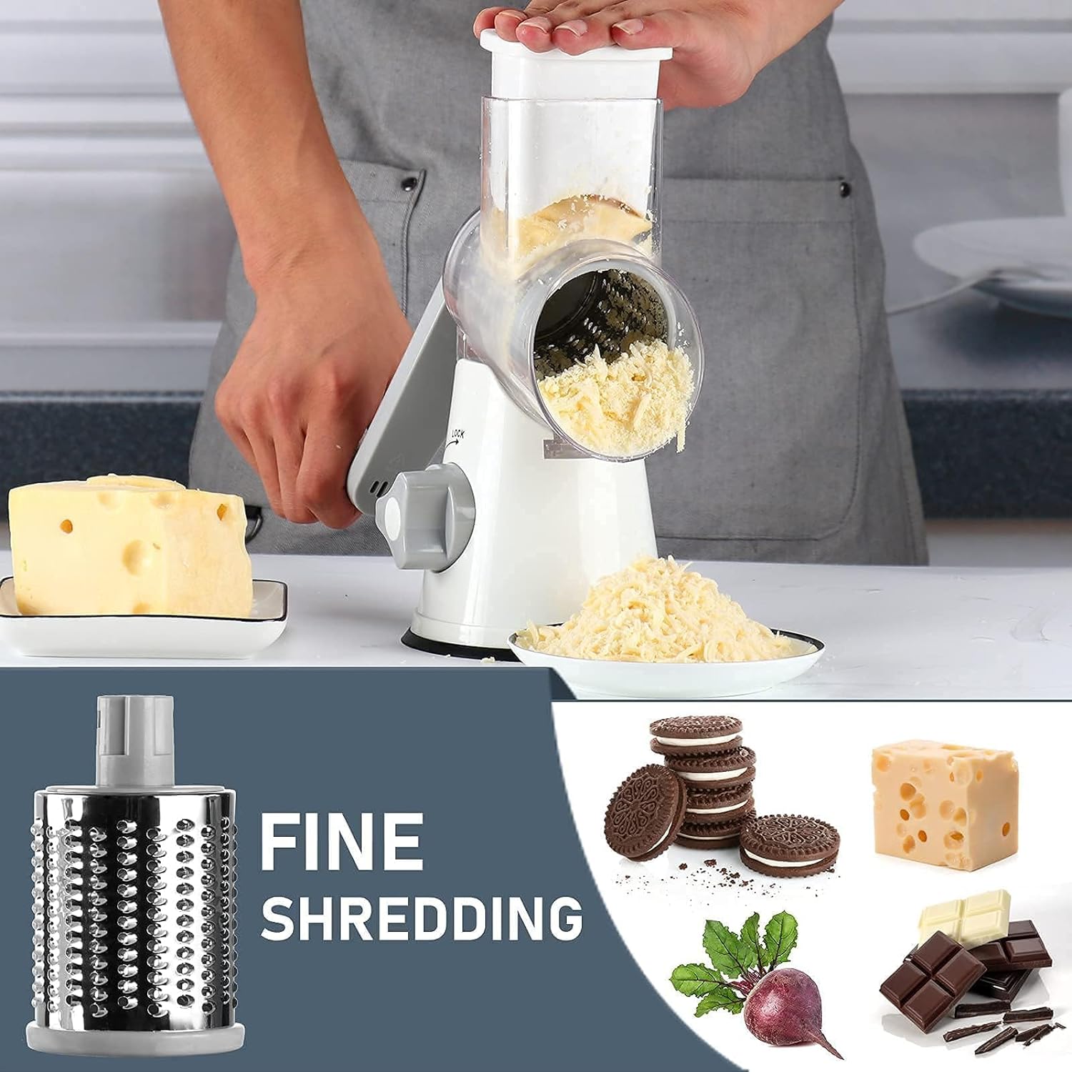 KEOUKE Rotary Cheese Grater with Handle Vegetable Cheese Shredder Slicer Grater for Kitchen 3 Changeable Blades for Cheese Potato Zucchini Nuts Chocolate - White