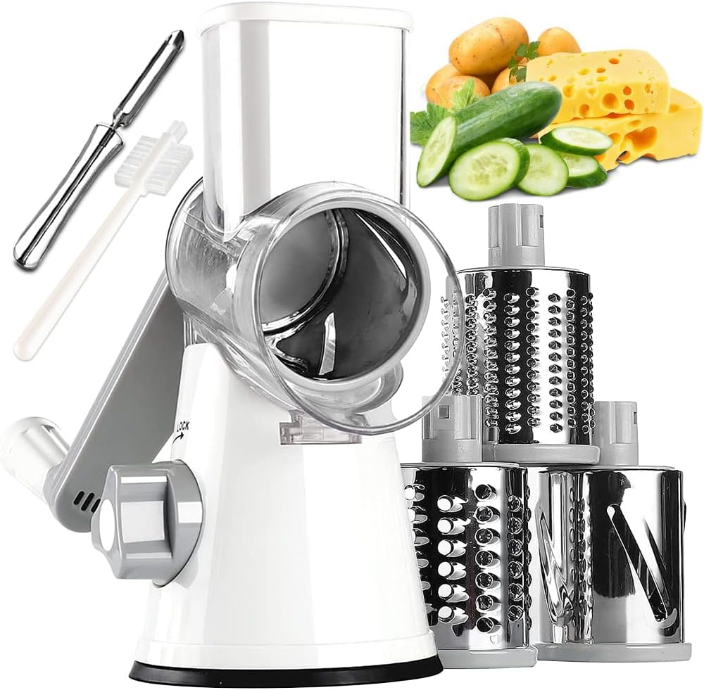 KEOUKE Rotary Cheese Grater with Handle Vegetable Cheese Shredder Slicer Grater for Kitchen 3 Changeable Blades for Cheese Potato Zucchini Nuts Chocolate - White