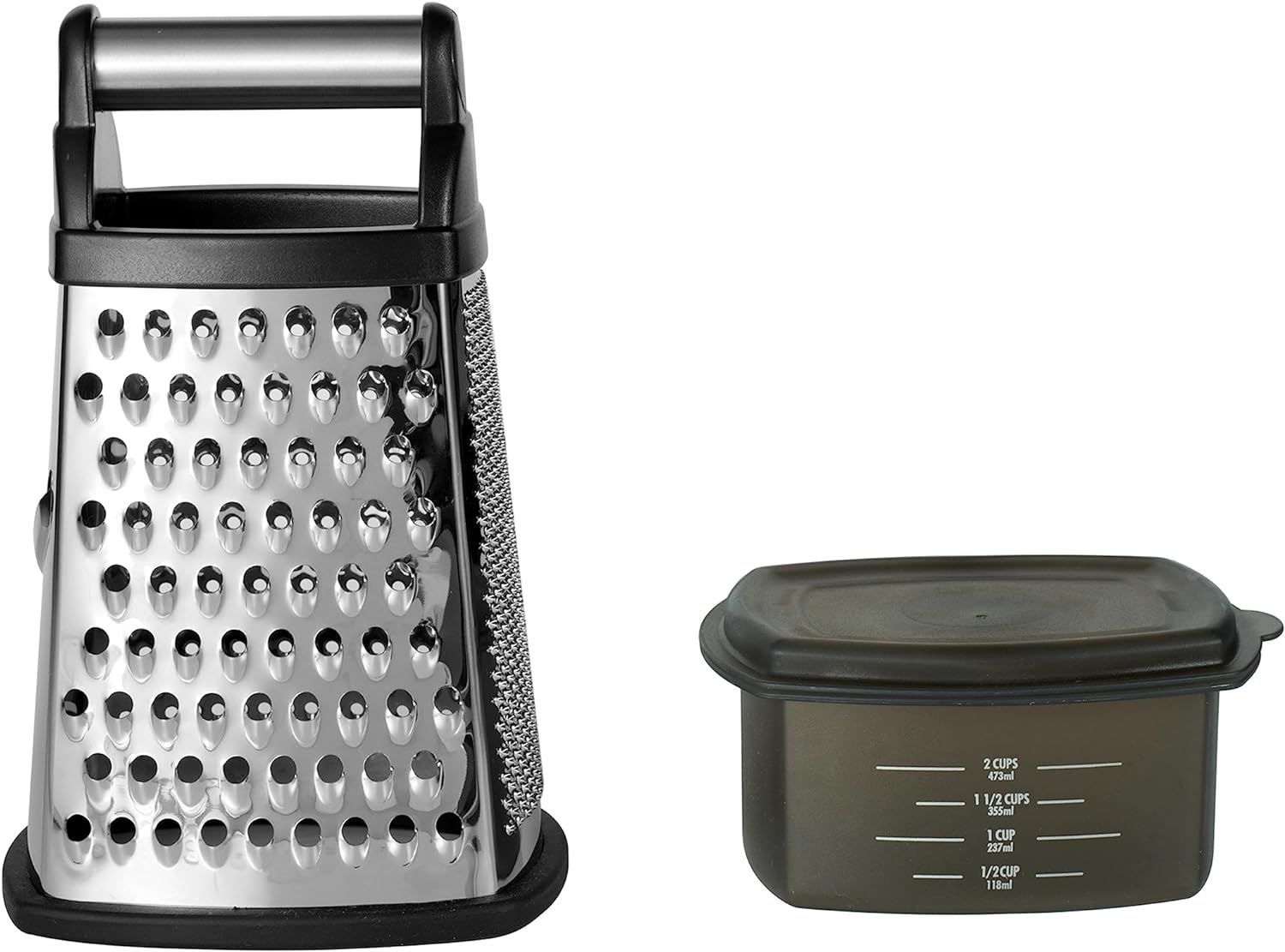 KitchenAid Gourmet 4-Sided Stainless Steel Box Grater for Fine, Medium and Coarse Grate, and Slicing, Detachable 3 Cup Storage Container and Measurment Markings, Dishwasher Safe, 10 inches tall, Black