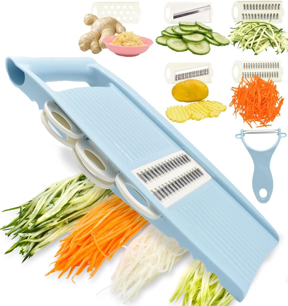 NACOLUS 5 in 1 Mandoline Slicer for Kitchen, Vegetable Slicer Multi Blade Potato Chip, Veggie Slicer, Vegetable Cutter, Julienne Shredder and peeler For Small Job In Kitchen Blue