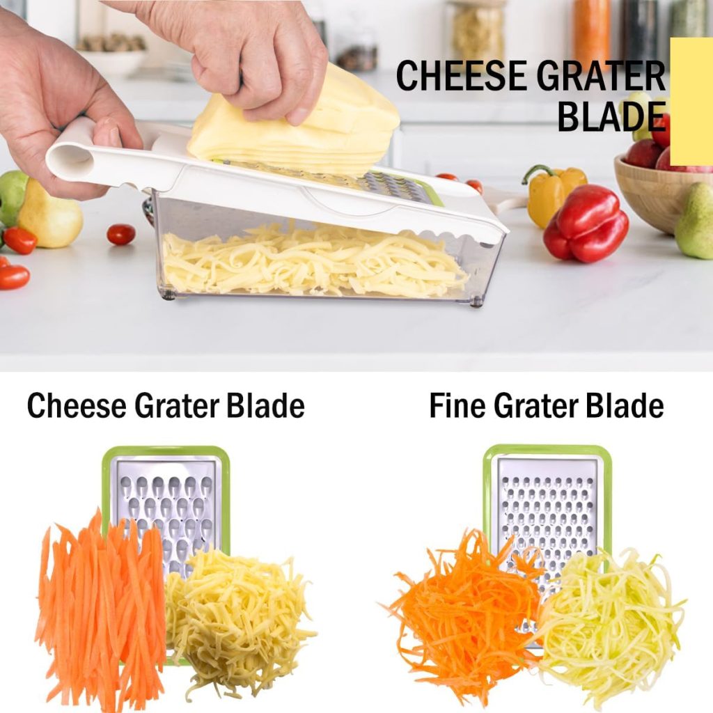 NACOLUS Cheese Grater with Container,5 In 1 Mandoline Slicer for Kitchen,Multi Purpose Vegetable Slicer, Easy to Clean Potato Slicer,Cheese Shredder,Julienne Slicer and Peeler