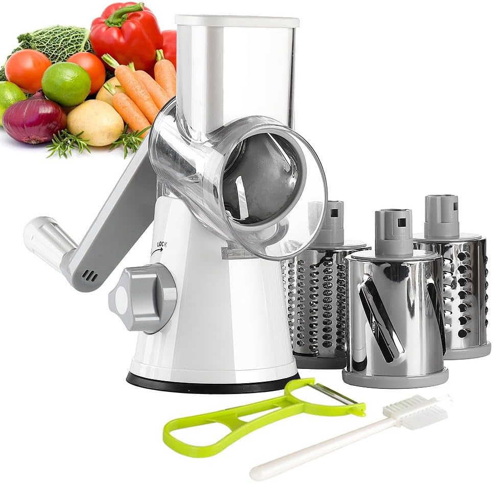 ourokhome rotary cheese grater shredder 3 drum blades manual speed round food slicer nut grinder with strong suction bas