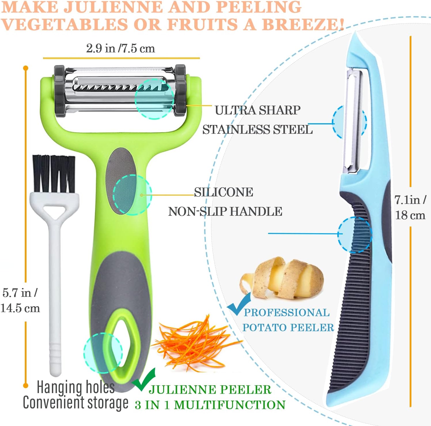 Potato Apple Vegetable Peelers for Kitchen, I and Y Peelers for Fruit Veggie Potatoes Carrot Cucumber, 3 in 1 Blade Spin Design With Julienne Function