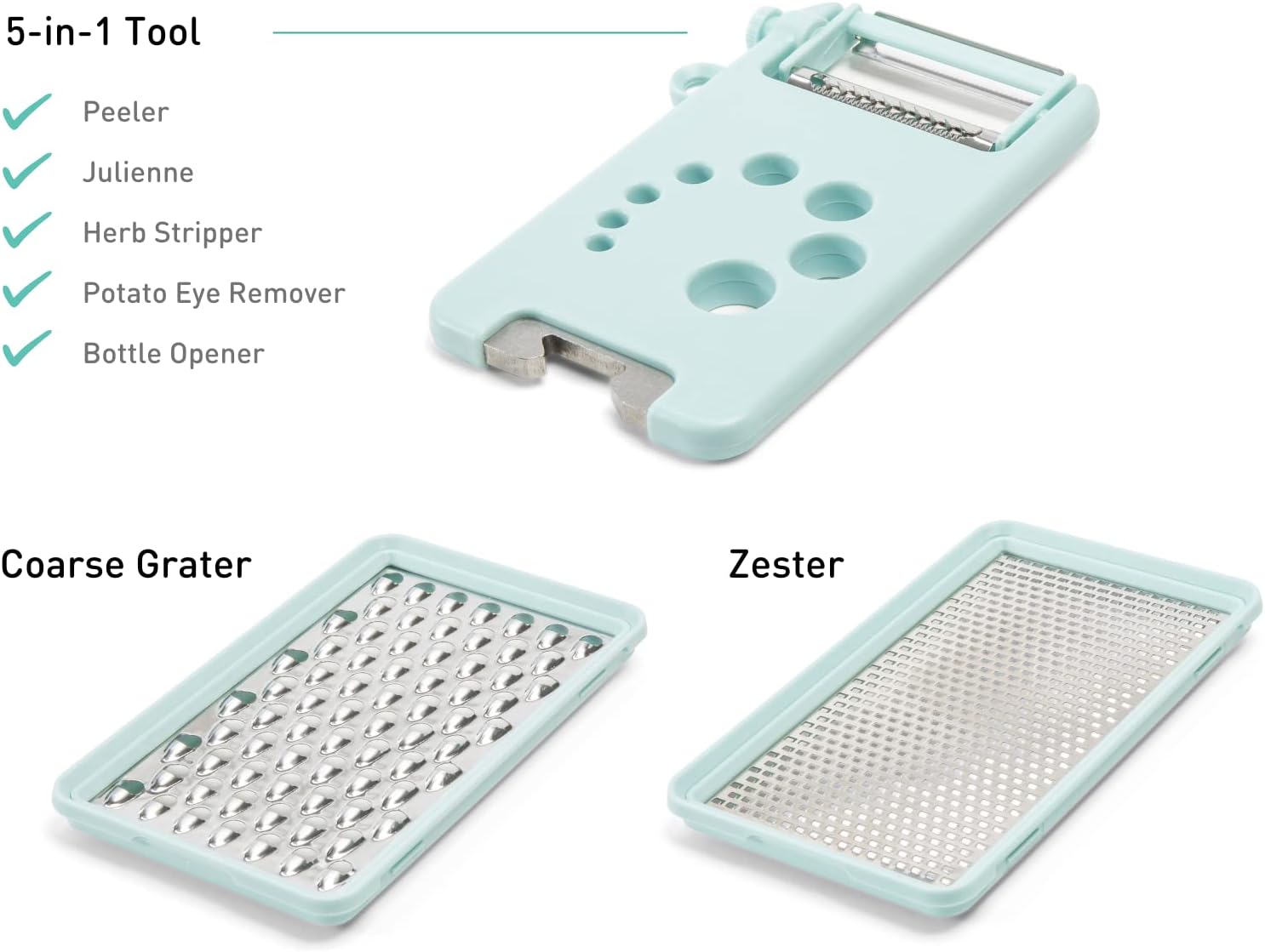 Prepdeck 8 Piece Prepping Tools Set from Upgraded Streamlined Design - Snap-On Grater, Zester, Juicer, Peeler, Slicer  More + Finger Guard  Holder - Color-Matched  Compatible Mini