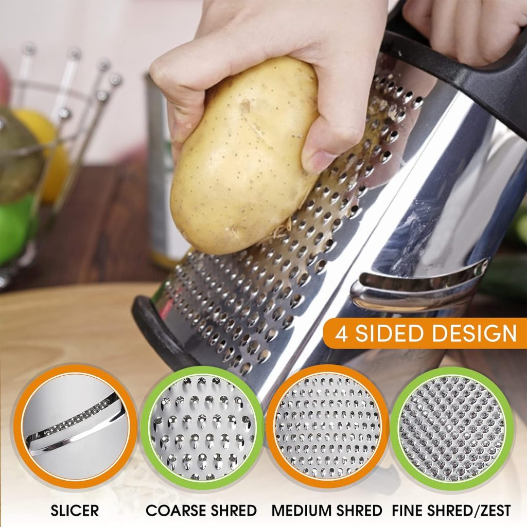 Professional Cheese Grater - Stainless Steel, XL Size, 4 Sides - Perfect Box Grater for Parmesan Cheese, Vegetables, Ginger - Dishwasher Safe - Black