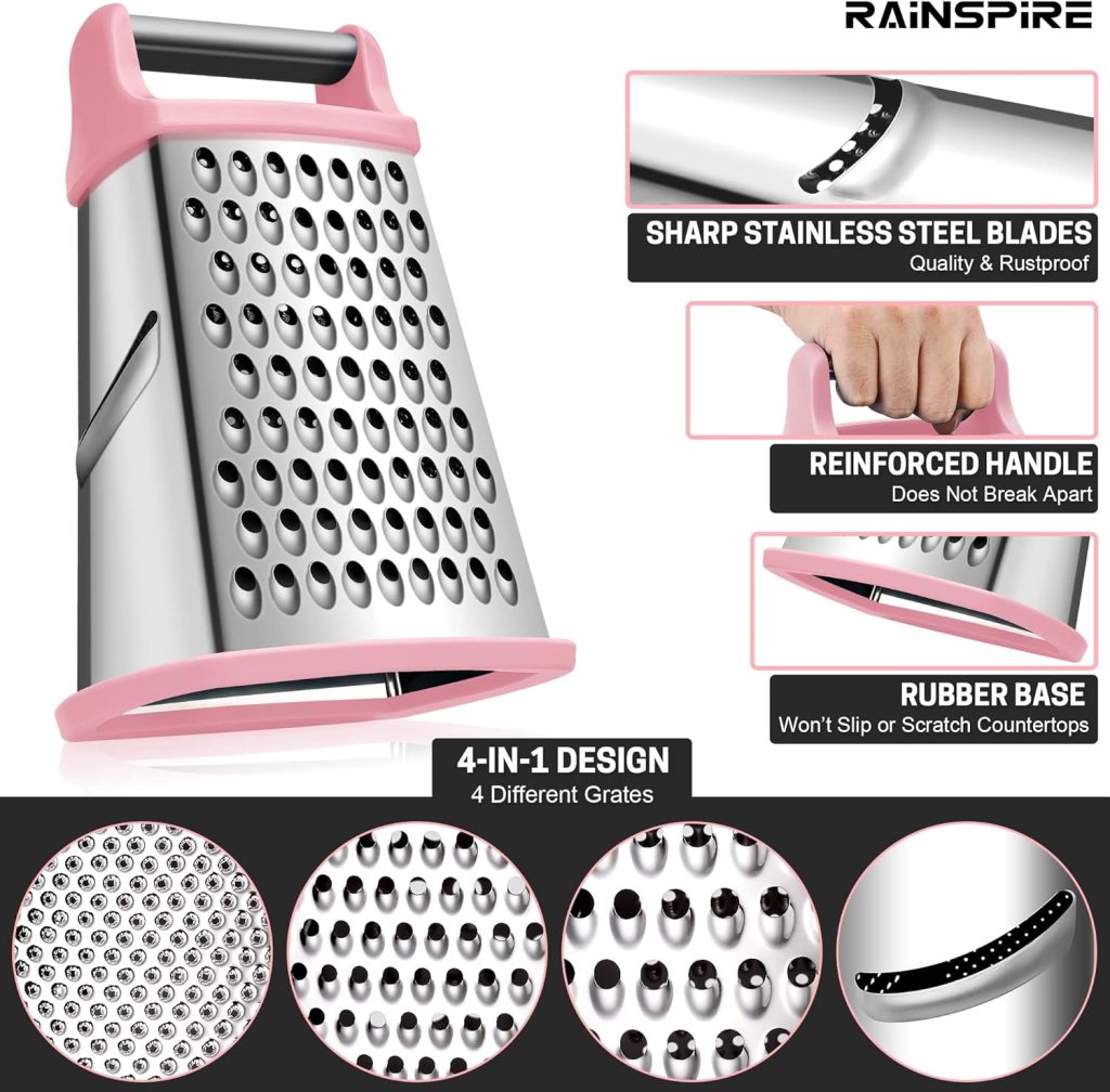 Rainspire Professional Box Grater, Cheese Grater Box for Kitchen Stainless Steel with 4 Sides, Cheese and Spice Graters with Handle for Vegetables, Ginger, Potatoes, Black