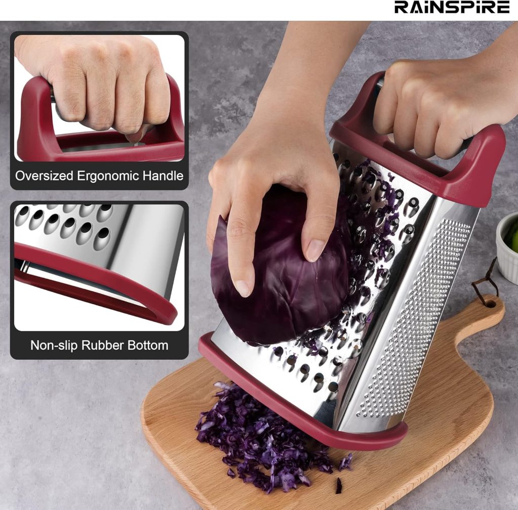 Rainspire Professional Box Grater, Cheese Grater Box for Kitchen Stainless Steel with 4 Sides, Cheese and Spice Graters with Handle for Vegetables, Ginger, Potatoes, Black