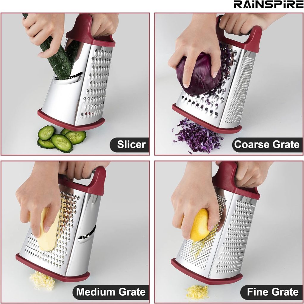 Rainspire Professional Box Grater, Cheese Grater Box for Kitchen Stainless Steel with 4 Sides, Cheese and Spice Graters with Handle for Vegetables, Ginger, Potatoes, Black