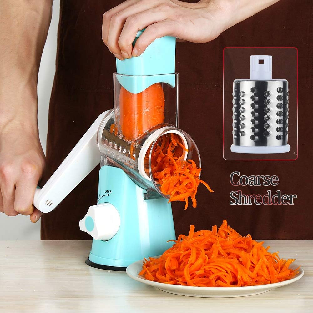 Rotary Cheese Grater Cheese Shredder - Round Mandoline Slicer Vegetable Slicer Walnuts Grinder with Strong-Hold Suction Cup Base and Cleaning Brush