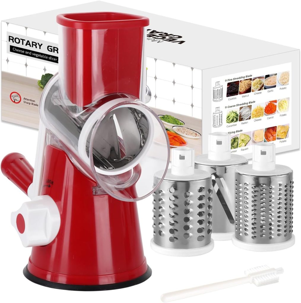 Rotary Cheese Grater Cheese Shredder - Round Mandoline Slicer Vegetable Slicer Walnuts Grinder with Strong-Hold Suction Cup Base and Cleaning Brush