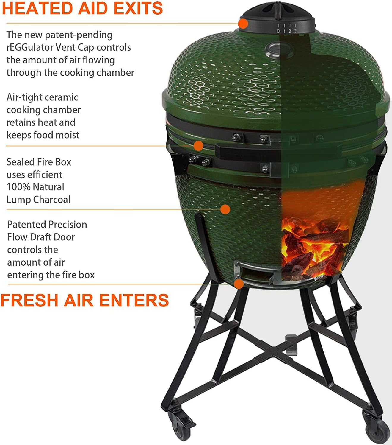 The spot/TOOPO 24inch Barbecue Charcoal Grill, Ceramic Kamado Grill with Side Table, Suitable for Camping and Picnic,GREEN