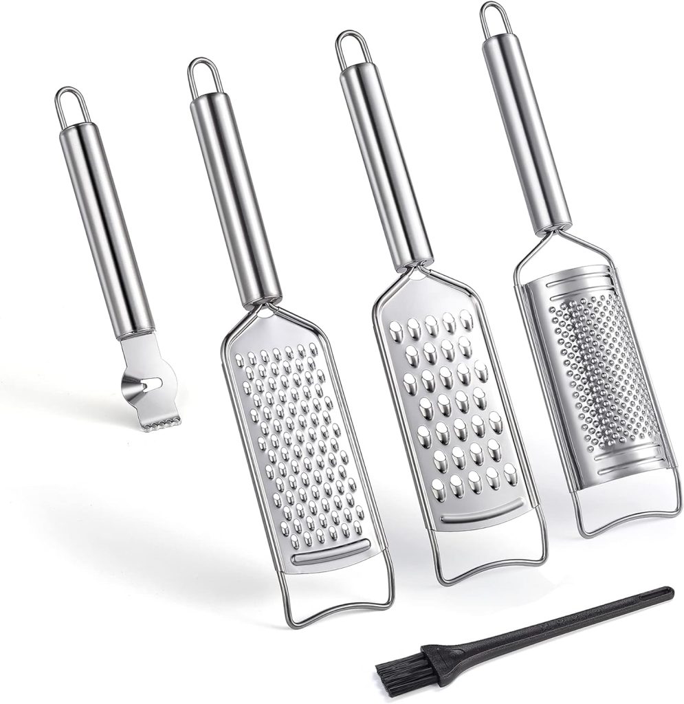 Tongjude Stainless Steel Cheese Grater Set, Set of 5 Kitchen Grater  Peeler  Slicer, Lemon Zester with Cleaning Brush for Vegetable, Fruit, Chocolate