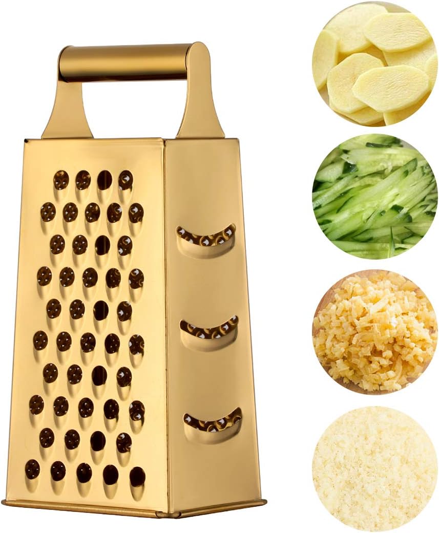 TUPMFG Box Grater, Stainless Steel Kitchen Cheese Grater with 4 Sides for Parmesan Cheese, Vegetables, Ginger Handheld Food Shredder Gold