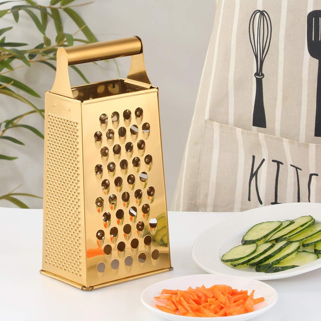 TUPMFG Box Grater, Stainless Steel Kitchen Cheese Grater with 4 Sides for Parmesan Cheese, Vegetables, Ginger Handheld Food Shredder Gold