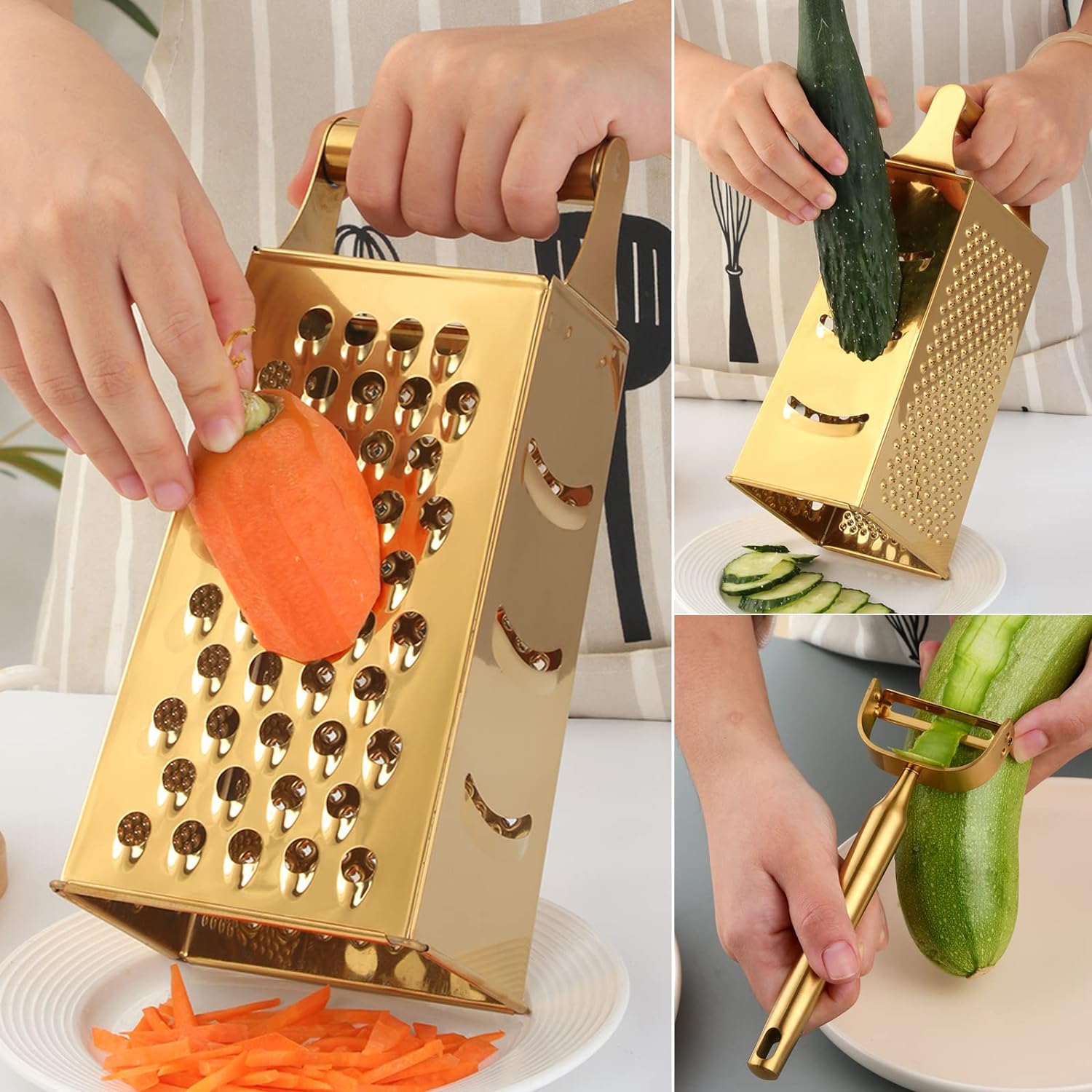 TUPMFG Box Grater, Stainless Steel Kitchen Cheese Grater with 4 Sides for Parmesan Cheese, Vegetables, Ginger Handheld Food Shredder Gold