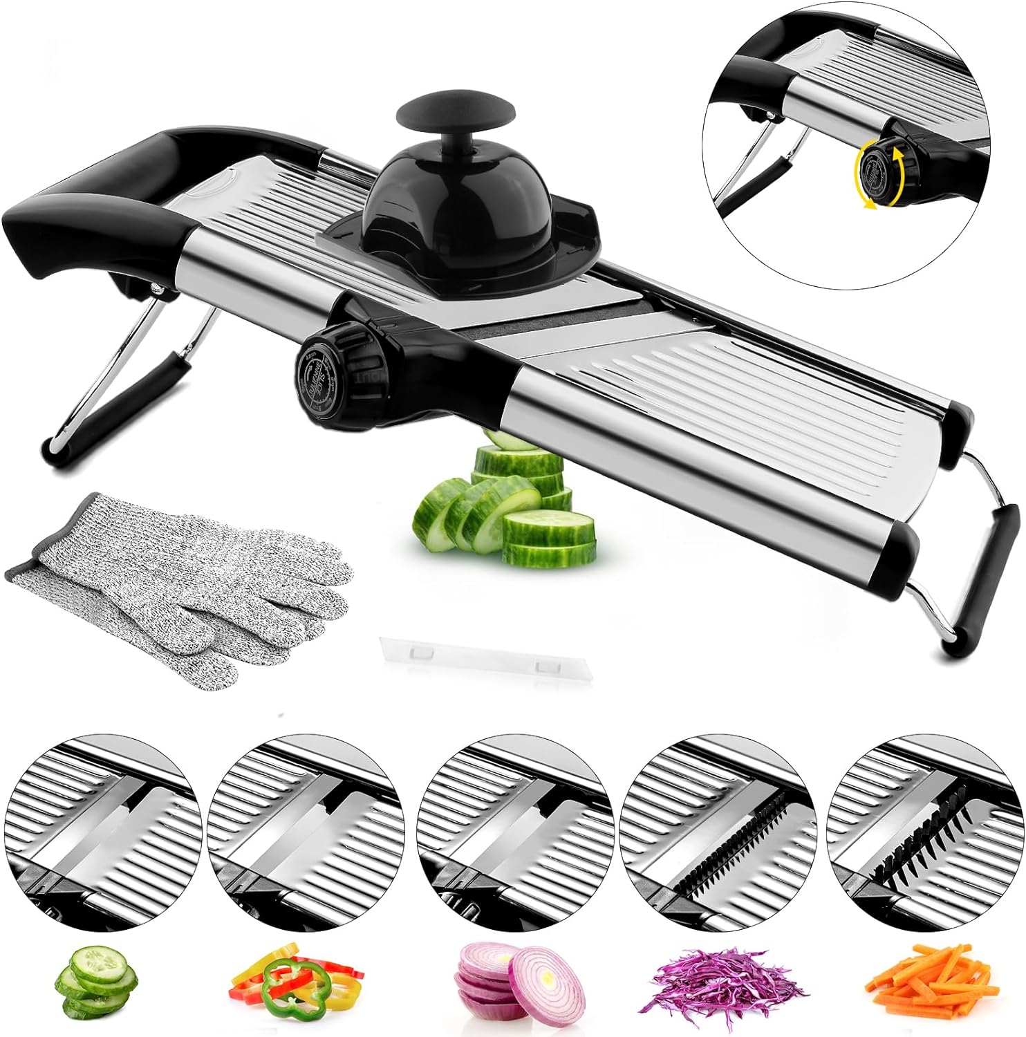 VEKAYA Mandoline Slicer,Mandoline Food Slicer for Kitchen,Mandolin,Potato Slicer,Vegetable Chopper,Adjustable Stainless Steel Veggie Onion Tomato Julienne Cutter with Cut-Resistant Gloves