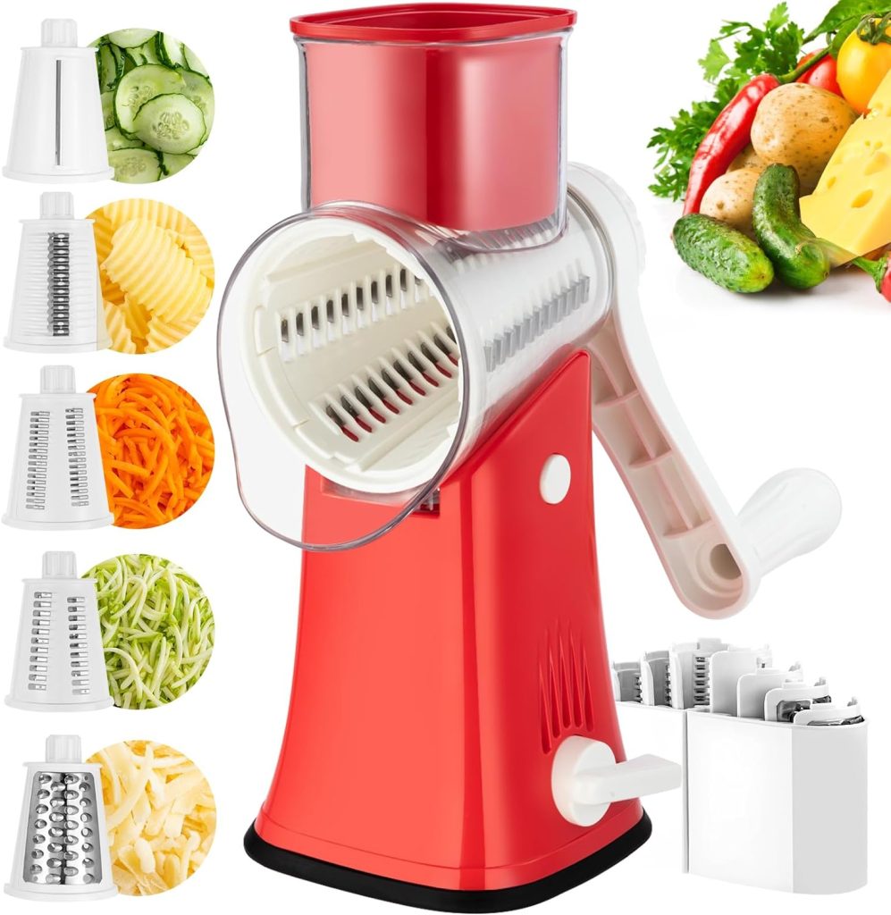 VEKAYA Rotary Cheese Grater, 5 in 1 Cheese Grater with Handle, Replaceable Stainless Blades Cheese Shredder, Cheese Vegetable Slicer, Easy to Clean Kitchen Gadgets with Storage Box