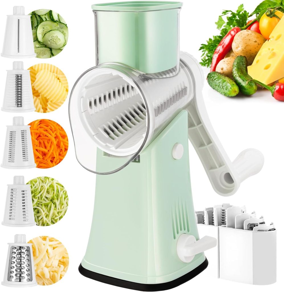 VEKAYA Rotary Cheese Grater, 5 in 1 Cheese Grater with Handle, Replaceable Stainless Blades Cheese Shredder, Cheese Vegetable Slicer, Easy to Clean Kitchen Gadgets with Storage Box