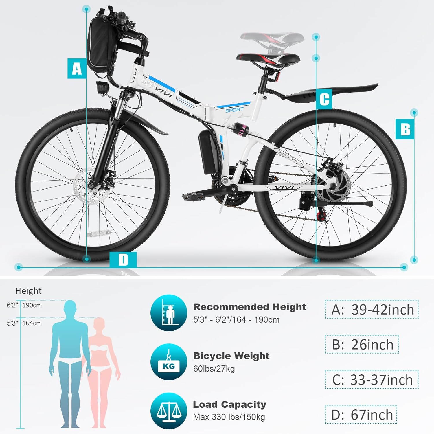 Vivi M026TGB Electric Bike 26 Electric Bike for Adults, Folding Electric Mountain Bike with 500W Motor, 48V Removable Lithium-Ion Battery, 21 Speed, 20MPH, Up to 50 Miles, Dual Shock Absorber