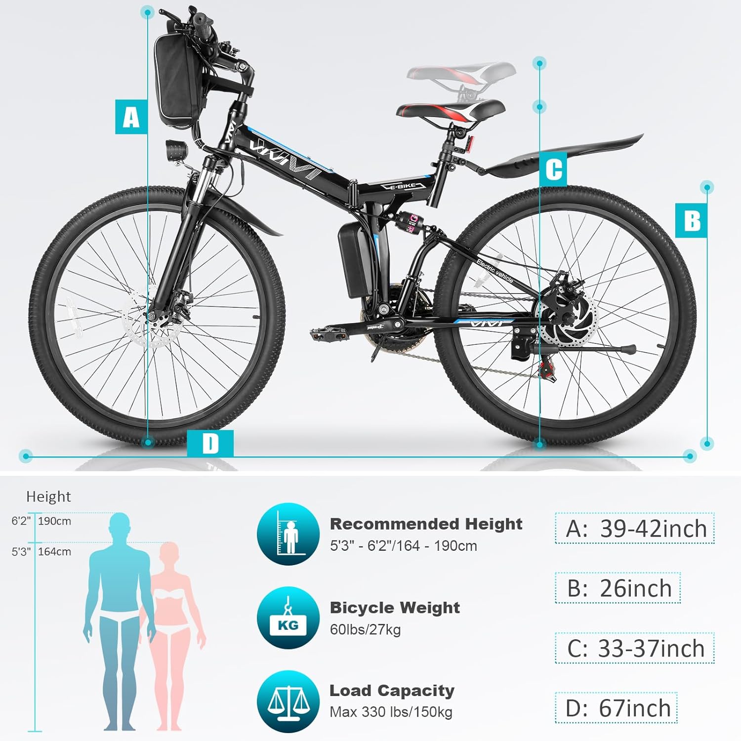 Vivi M026TGB Electric Bike 26 Electric Bike for Adults, Folding Electric Mountain Bike with 500W Motor, 48V Removable Lithium-Ion Battery, 21 Speed, 20MPH, Up to 50 Miles, Dual Shock Absorber