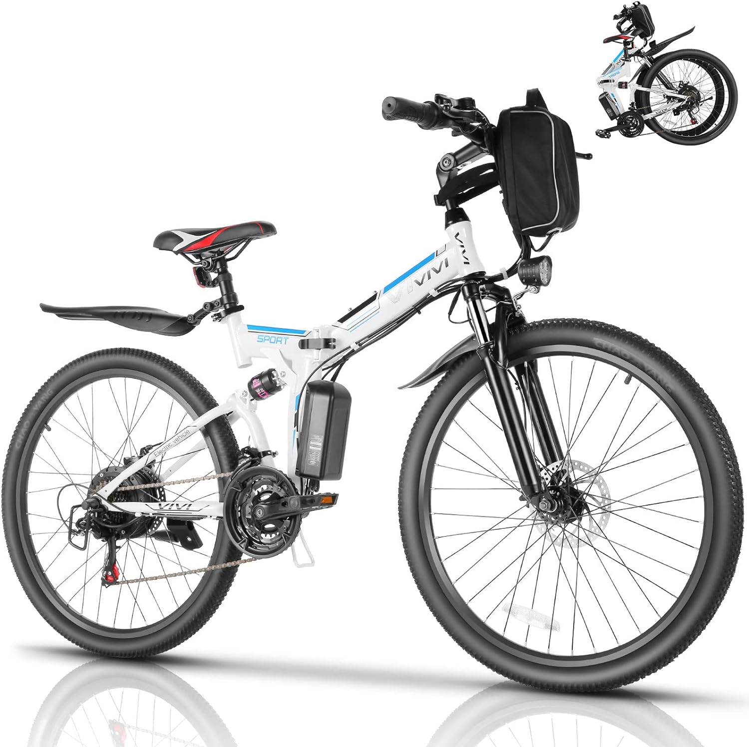 Vivi M026TGB Electric Bike 26 Electric Bike for Adults, Folding Electric Mountain Bike with 500W Motor, 48V Removable Lithium-Ion Battery, 21 Speed, 20MPH, Up to 50 Miles, Dual Shock Absorber